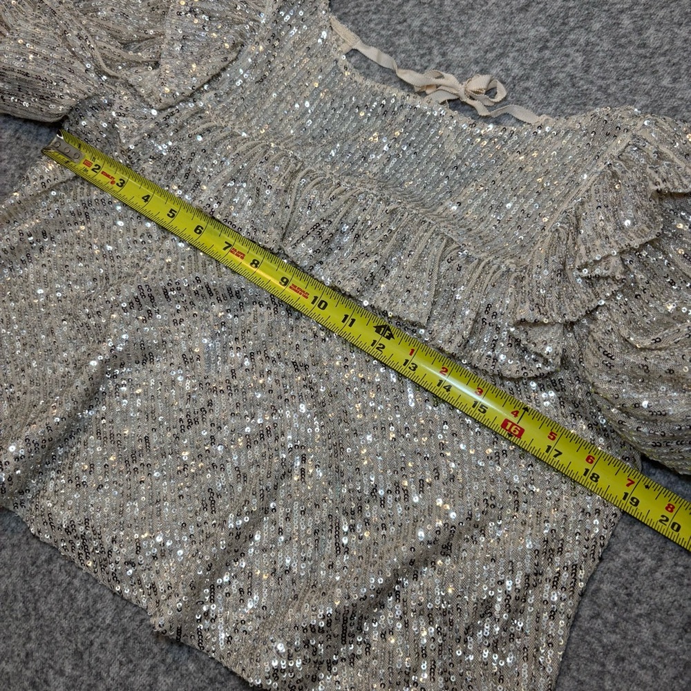 Free People Dance Floor Sequin Top Small Silver Cropped Ruffle - Picture 8 of 9